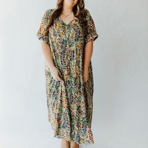 NWOT Jodifl Piper & Scoot The Knicks Patterned Midi Dress in Moss size Large